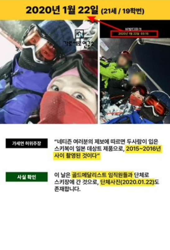 滑雪照是在2020年1月22日拍攝，當時是跟公司團隊一起出遊，也有全體合影照片為證。 圖：翻攝自韓網