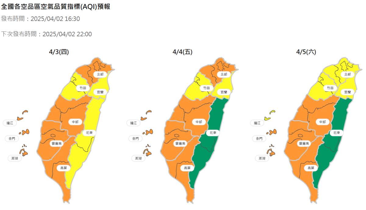 未來三天空氣品質指標預測。 圖：取自環境部空氣品質監測網