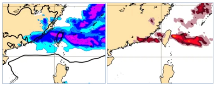 最新(3日20時)歐洲模式(ECMWF)，下週四(10日)8時地面氣壓及降水模擬圖(左圖)顯示，台灣附近有明顯降水。同時的閃電密度(前6小時)模擬圖(右圖)則顯示，海峽中部沿海有雷雨發生的機率。 圖/取自氣象應用推廣基金會