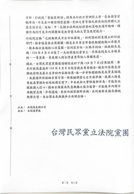 民眾黨團發函立法院長韓國瑜召集協商，邀請行政院長專案報告 圖：民眾黨團提供