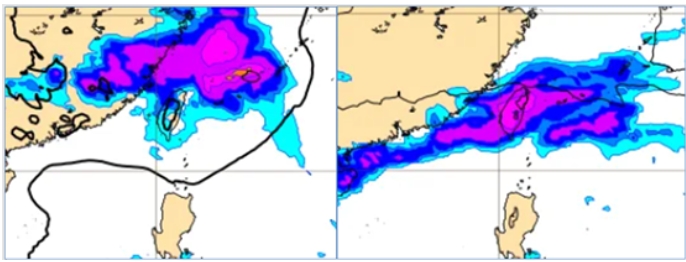 最新(5日20時)歐洲模式(ECMWF)，週四(10日)8時地面氣壓及降水模擬圖(左圖)顯示，第1波短波通過，台灣附近有明顯降水。下週(13)日8時模擬圖(右圖)則顯示，第2波短波通過，全台皆有明顯降水。 圖/「「洩天機教室」專欄