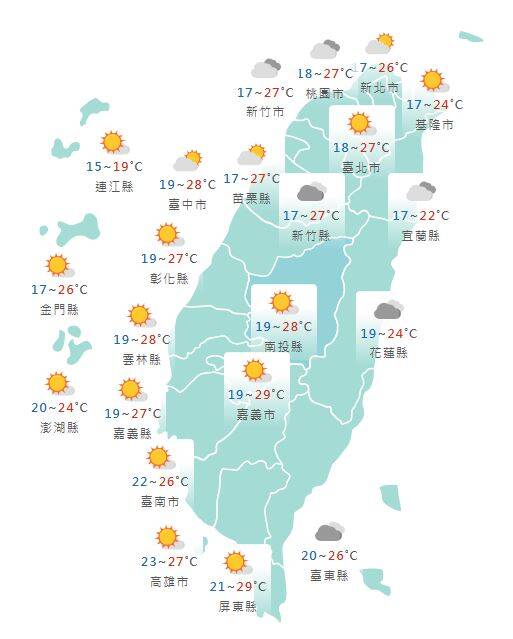 氣象署公布各地天氣預報概況。 圖：氣象署提供