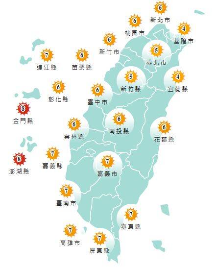 氣象署發布各地紫外線指數預報概況。 圖：氣象署提供