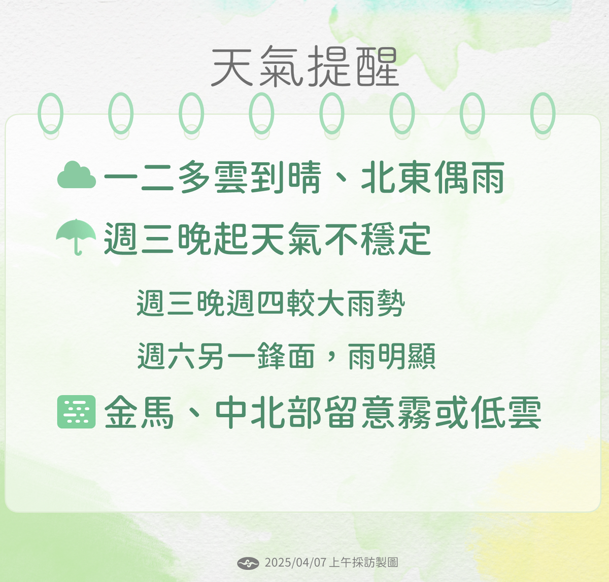 氣象署提醒，週三晚至週四晨，北部、中部及東北部有雷雨及大雨，民眾需注意。 圖：氣象署／提供