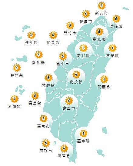 氣象署發布各地紫外線指數預報概況。 圖：氣象署提供
