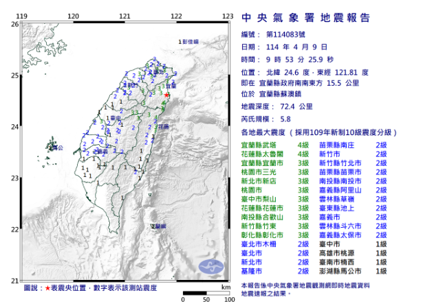 今日上午9時53分東北部再度發生有感地震，根據中央氣象署資料，這起地震芮氏規模為5.8。 圖：中央氣象署／提供