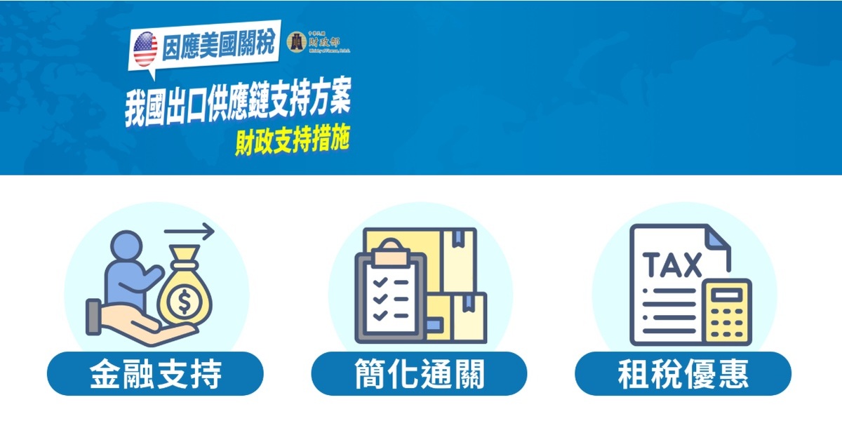 行政院推出「因應美國關稅我國出口供應鏈支持方案」，財政部主管業務方面，聚焦「金融支持」、「簡化通關」與「租稅優惠」三大財政措施，全力協助出口廠商應對挑戰。 圖：翻攝財政部官網