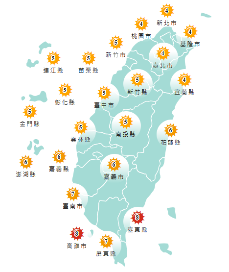 氣象署發布各地紫外線指數預報概況。 圖：氣象署提供