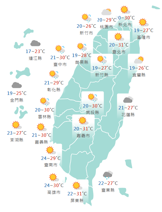 氣象署公布各地天氣預報概況。 圖：氣象署提供