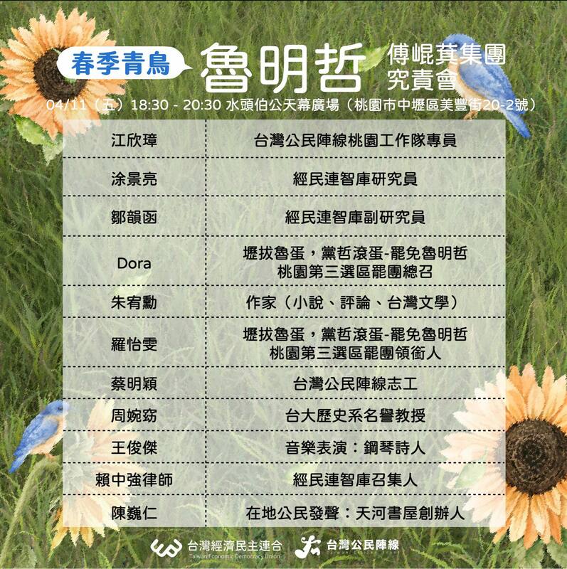 「春季青鳥系列：魯明哲究責會」11日晚上在中壢在水頭伯公天幕廣場舉行。 圖：經濟民主連合臉書