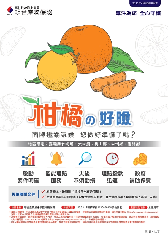為協助柑橘農民因應颱風期間可能帶來的經濟損失，農業部與明台產物保險合作推出「114年度明台產物風速參數柑橘保險」。 圖：嘉義縣府提供