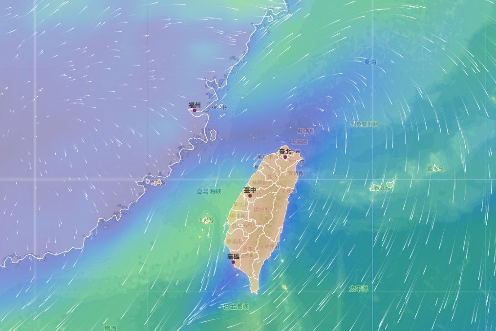 週日(13日)來自中國東北方的沙塵恐隨著東北季風來到台灣，讓全台空氣品質達到橘色警戒。 圖：翻攝自中央氣象署環境風場網