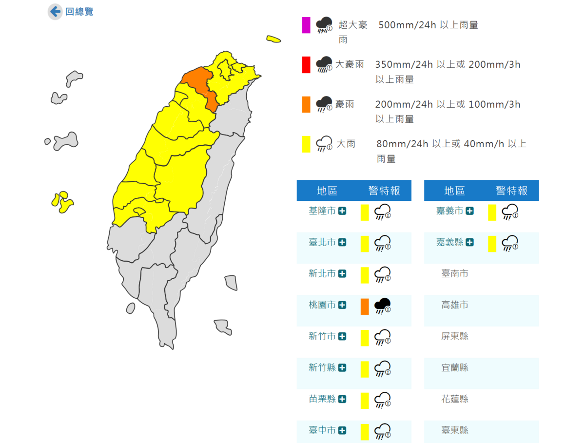 中央氣象局針對全台14縣市發布豪大雨特報。 圖:翻攝自中央氣象署