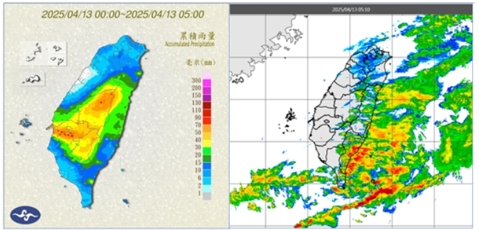 今(13日)晨5時累積雨量圖顯示，各地皆有明顯降雨(左圖)。5：10雷達回波合成圖則顯示，主要的降水回波逐漸脫離陸地(右圖)。 圖/取自「氣象應用推廣基金會」的「洩天機教室」專欄