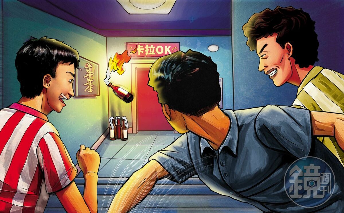 在夏文義教唆下，王正浩、葛姓少年及綽號哈比的男子，丟擲汽油彈縱火。 圖：AI繪圖Adobe Firefly生成，本刊美術組後製