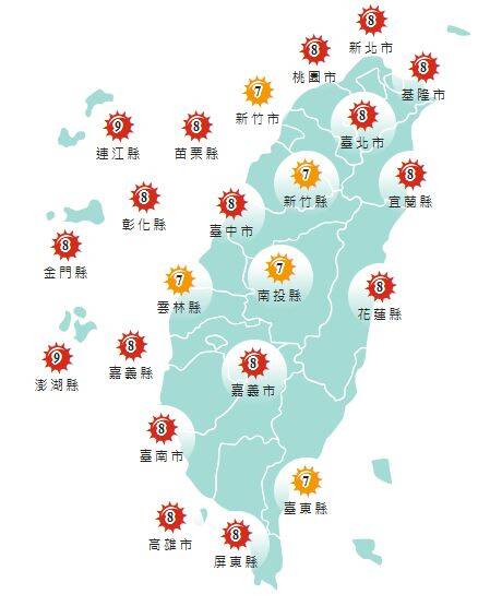 氣象署發布各地紫外線指數預報概況。 圖：氣象署提供