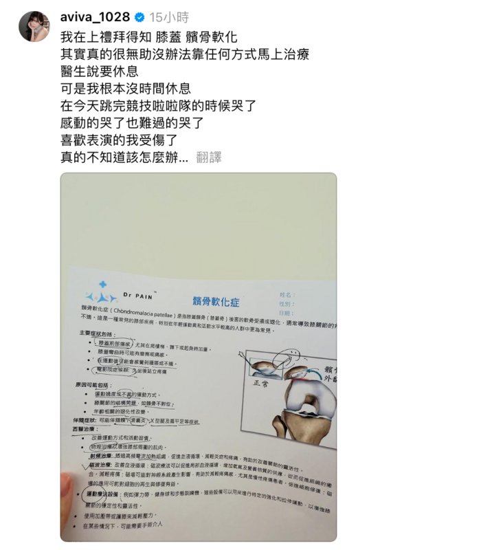 昨日菲菲突透露，自己的膝蓋出現髕骨軟化症狀，沒辦法靠任何方式馬上治療，醫生只能建議菲菲多休息。 圖：翻攝自菲菲Threads