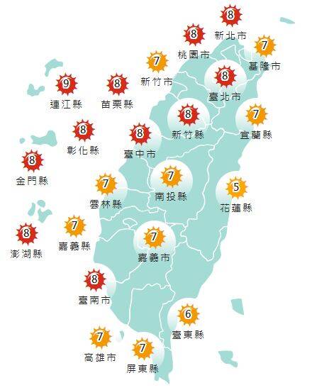 氣象署發布各地紫外線指數預報概況。 圖：氣象署提供