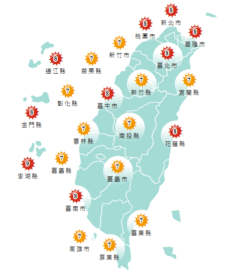 氣象署發布各地紫外線指數預報概況。 圖：氣象署提供