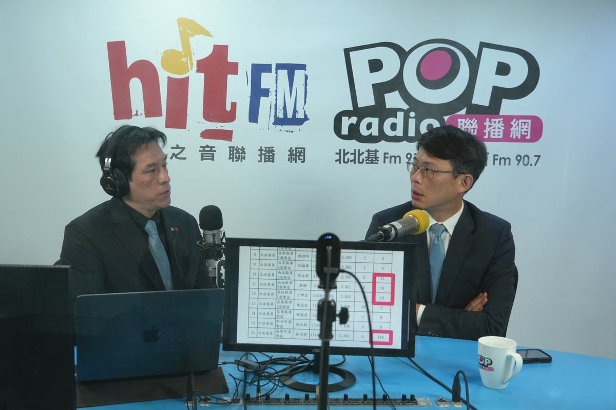 民眾黨主席兼黨團總召黃國昌上午接受廣播節目《POP撞新聞》主持人黃暐瀚專訪。 圖：《POP撞新聞》製作單位 / 提供