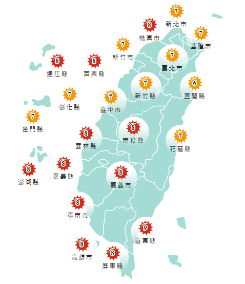 氣象署發布各地紫外線指數預報概況。 圖：氣象署提供