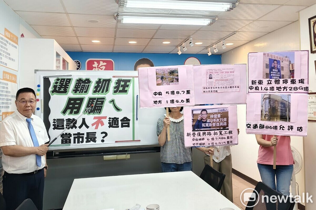 立委林俊憲近來在大新營區懸掛看板，向鄉親宣示成功爭取地方建設成績單，國民黨台南市議員蔡育輝批評林俊憲不關心溪北邊緣化問題，卻爭功割稻仔尾欺騙選民，他要問鄉親這種毫無誠信的人適合當市長嗎？ 圖：黃博郎／攝