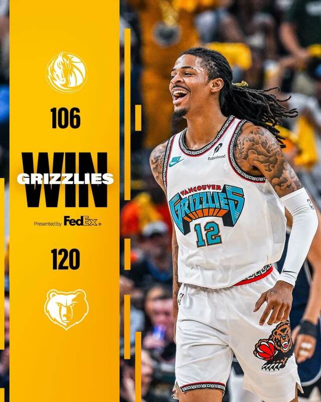 美國職籃NBA最後一場附加賽周五（18日）由曼菲斯灰熊出戰達拉斯獨行俠，灰熊靠莫蘭特（圖）、傑克森、貝恩 3人得分 20 分以上，以120：106搶下西區第8種子。 圖：取自 X.com/memgrizz