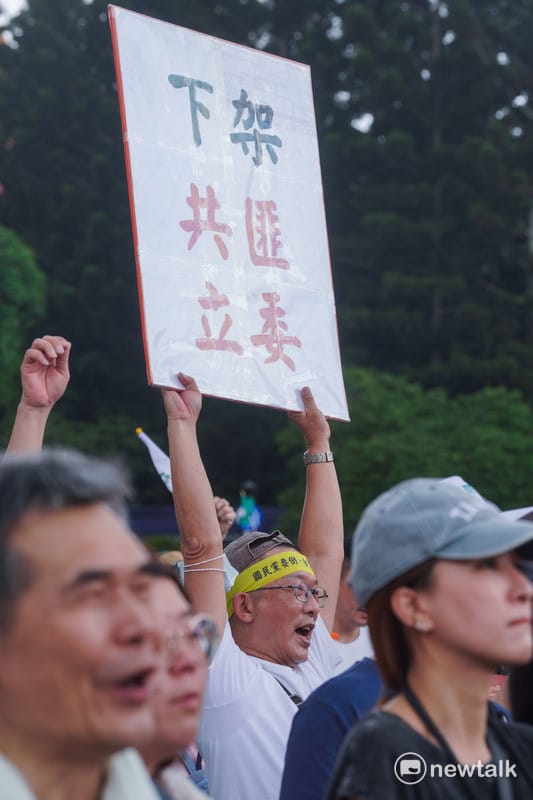 一位民眾高舉『下架共匪立委』牌子參與大罷免遊行。 圖：張良一 /攝