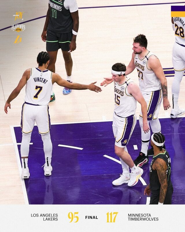 美國職籃NBA洛杉磯湖人20日以95比117敗給明尼蘇達灰狼。 圖：取自x.com/Lakers