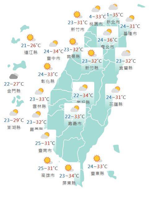氣象署公布各地天氣預報概況。  圖：氣象署提供