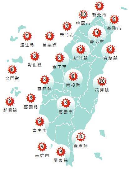 氣象署發布各地紫外線指數預報概況。 圖：氣象署提供