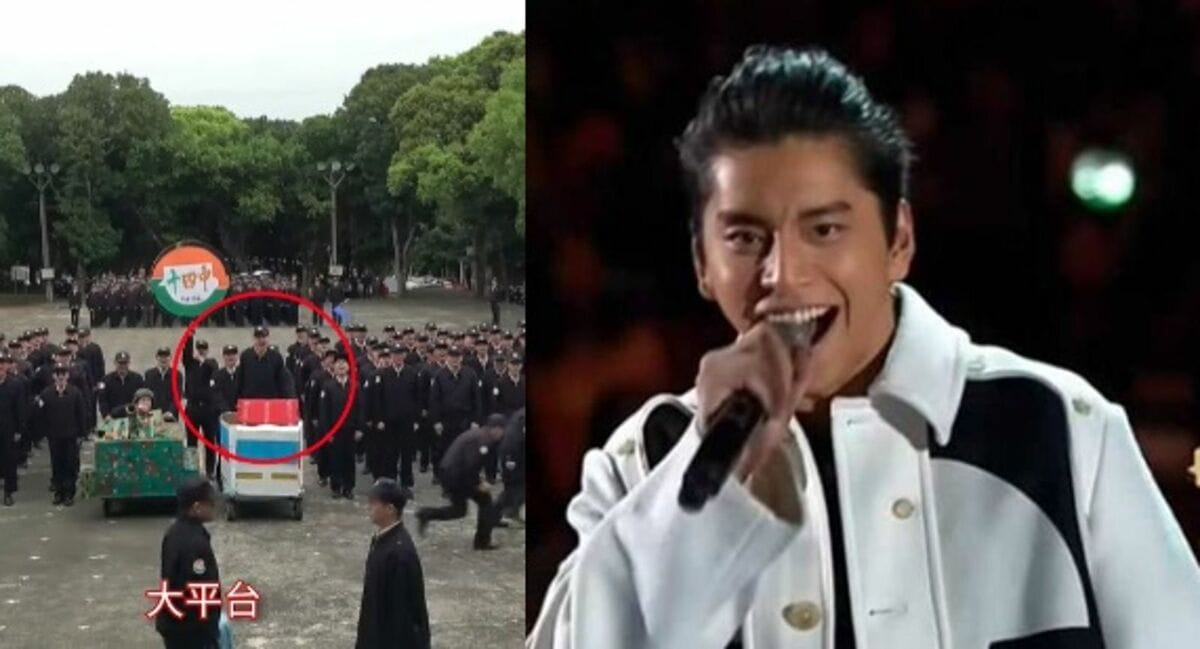 王大陸在「替代役之歌競賽」中重現當年的「大平台」哏。（左圖翻攝自內政部替代役訓練及管理中心YT頻道，右圖翻攝自網路）