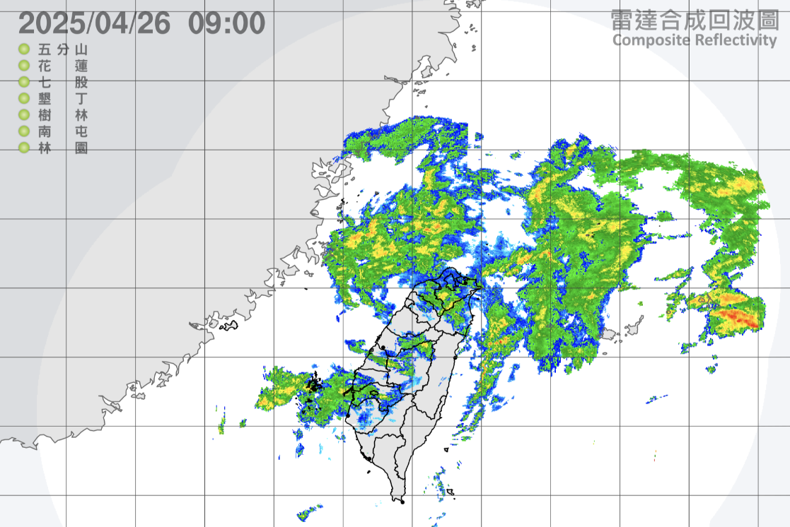 鋒面影響，今天中部以北及南部山區有局部陣雨。 圖片來源/氣象署