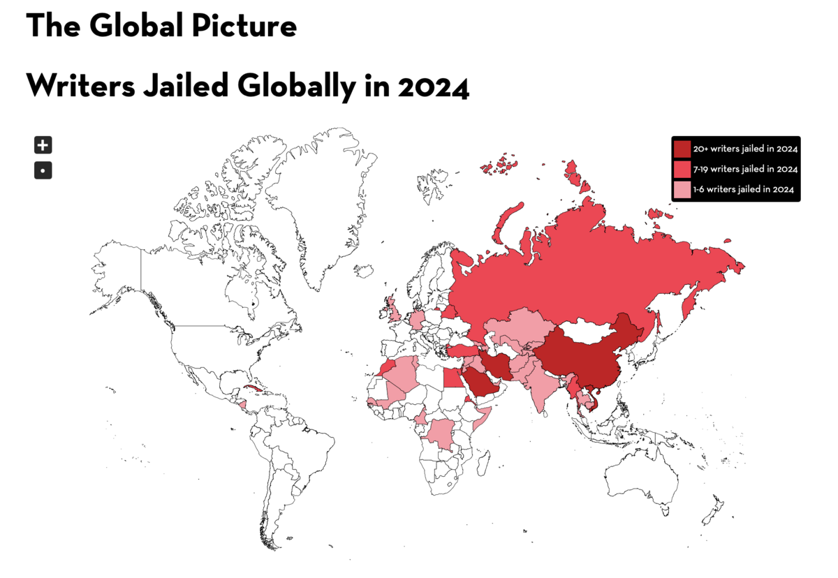 根據美國筆會最新的（ 2024 ）的報告，中國是關押作家人數最多的地方。 Pen America