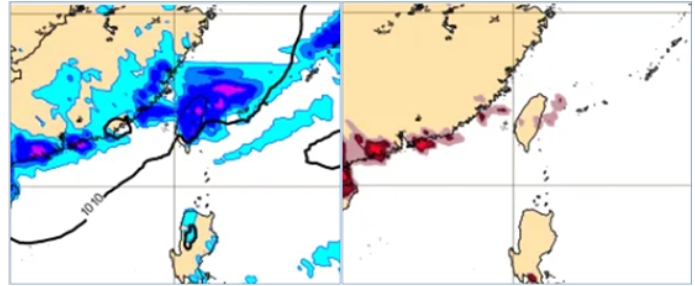 左圖：最新(26日20時)歐洲模式(ECMWF)，明(28)日14時地面氣壓及降水模擬圖顯示，鋒面影響，中部以北、東半部及南部山區、有局部陣雨或雷雨。右圖：最新(26日20時)歐洲模式(ECMWF)，明(28)日14時閃電頻率(前6小時累計)模擬圖顯示，鋒面伴隨閃電，但頻率偏低。 圖/取自「洩天機教室」專欄