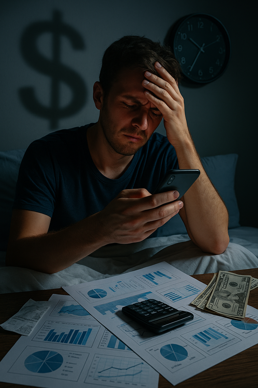報告調查顯示，32%的英國人表示財務焦慮讓他們夜不能寐；其中，21%的人在入睡前會查看銀行餘額，15%會支付帳單，12%則會追蹤支出。 圖：Chatgpt 生成/ 李宣萱製