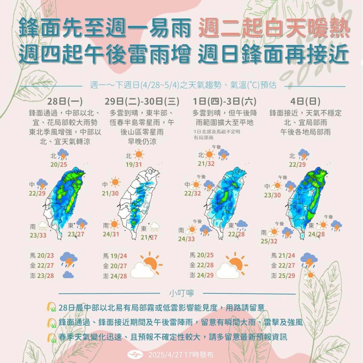 下週天氣。 圖：翻攝自中央氣象署臉書
