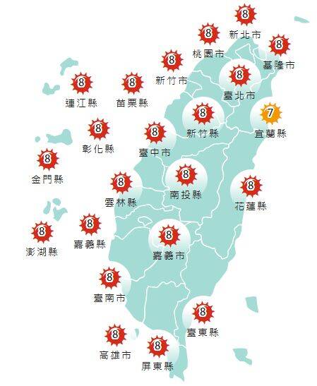 氣象署發布各地紫外線指數預報概況。 圖：氣象署提供