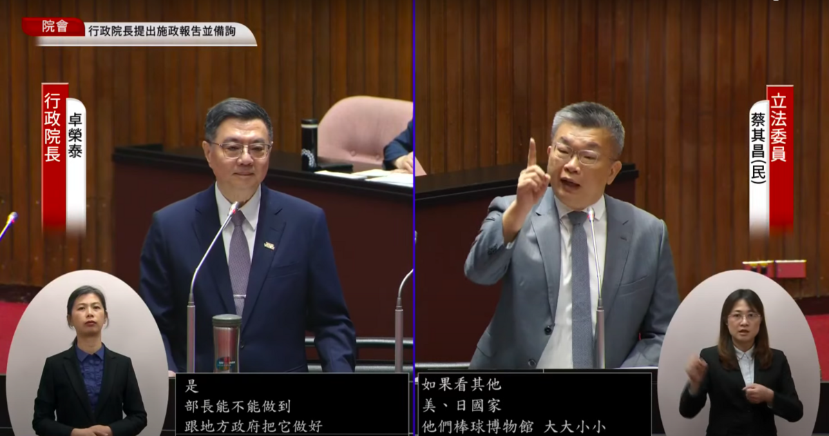 民進黨立委、中華職棒大聯盟會長蔡其昌問到運動部何時掛牌，卓榮泰證實今年8、9月。 圖：翻攝自國會頻道