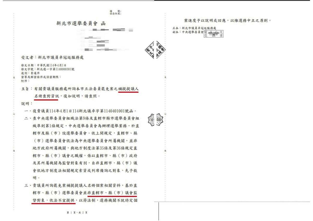 新北市議員卓冠廷揭露先前向新北市選舉委員會索要查驗資訊，選委會拒絕提供數據，甚至回應「無須接受議會監督、不宜提供資料」。 圖：翻攝「臉書」卓冠廷粉絲專頁