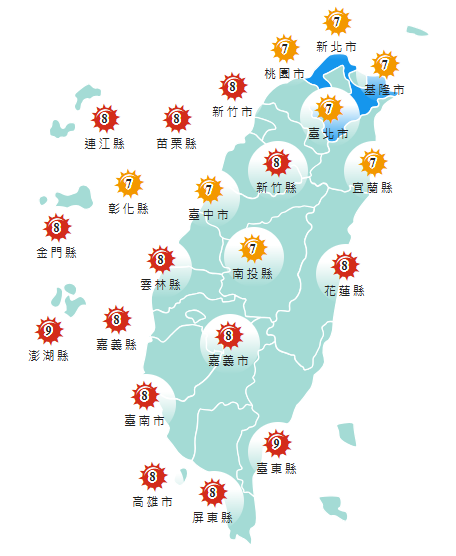 氣象署發布各地紫外線指數預報概況。 圖：氣象署提供