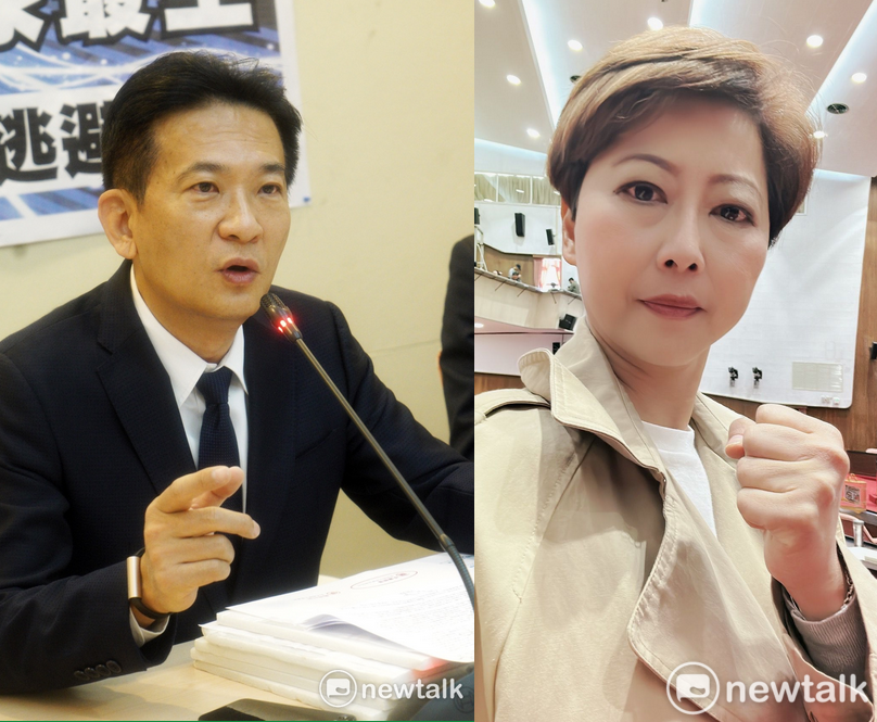 黨內再度開撕，民進黨立委林俊憲（左）點名陳亭妃（右）是藍委謝龍介好友友，怒批國民黨介入市長初選。 圖：張良一／攝、陳亭妃臉書（新頭殼合成）