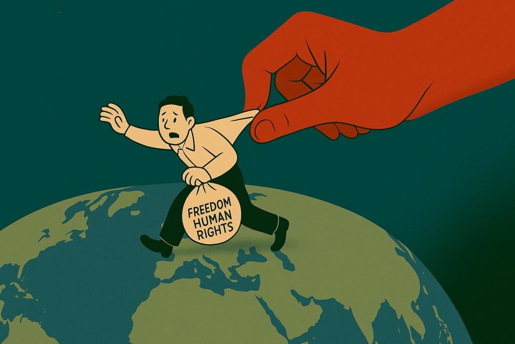 象徵中國跨國鎮壓的紅色巨手，從國境之外伸出，捏住試圖逃離的異議者。儘管流亡海外，維吾爾族、港人與人權倡議者仍難逃監控、威脅與經濟打壓。  圖：ChatGPT生成