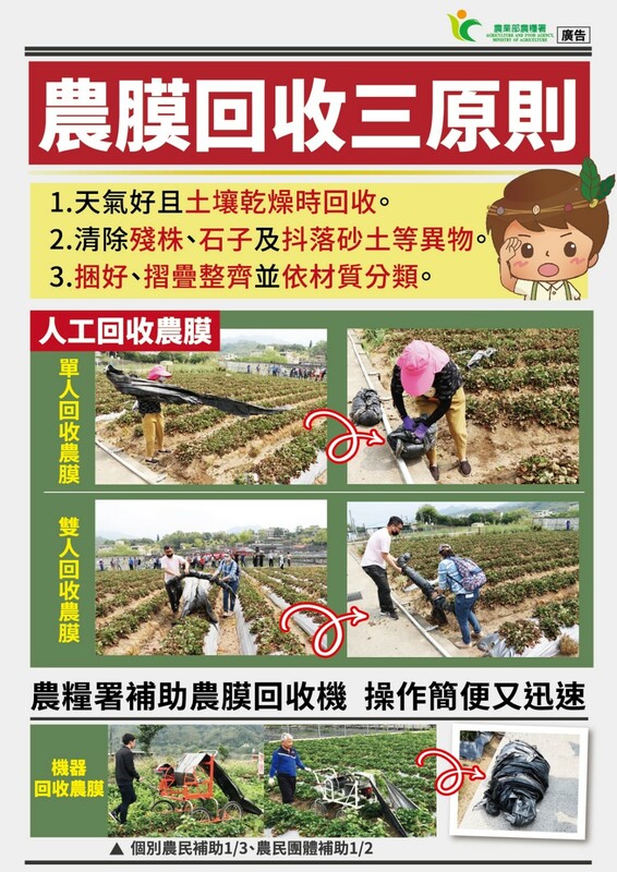農業部推農膜回收三原則指引，棚膜與菇包等塑膠資材可清洗再利用，透過區域清洗場協助轉為剩餘資源，促進循環經濟，助力淨零排放目標。 圖：農業部／提供