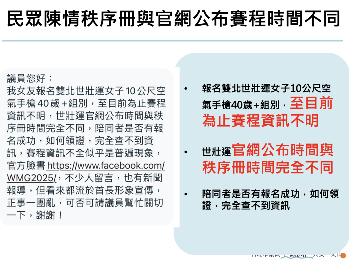 民進黨台北市議員簡舒培接獲民眾陳情，有民眾報名世壯運，卻發生官網公布時間與秩序冊時間完全不同的狀況。 圖：簡舒培議員辦公室 / 提供