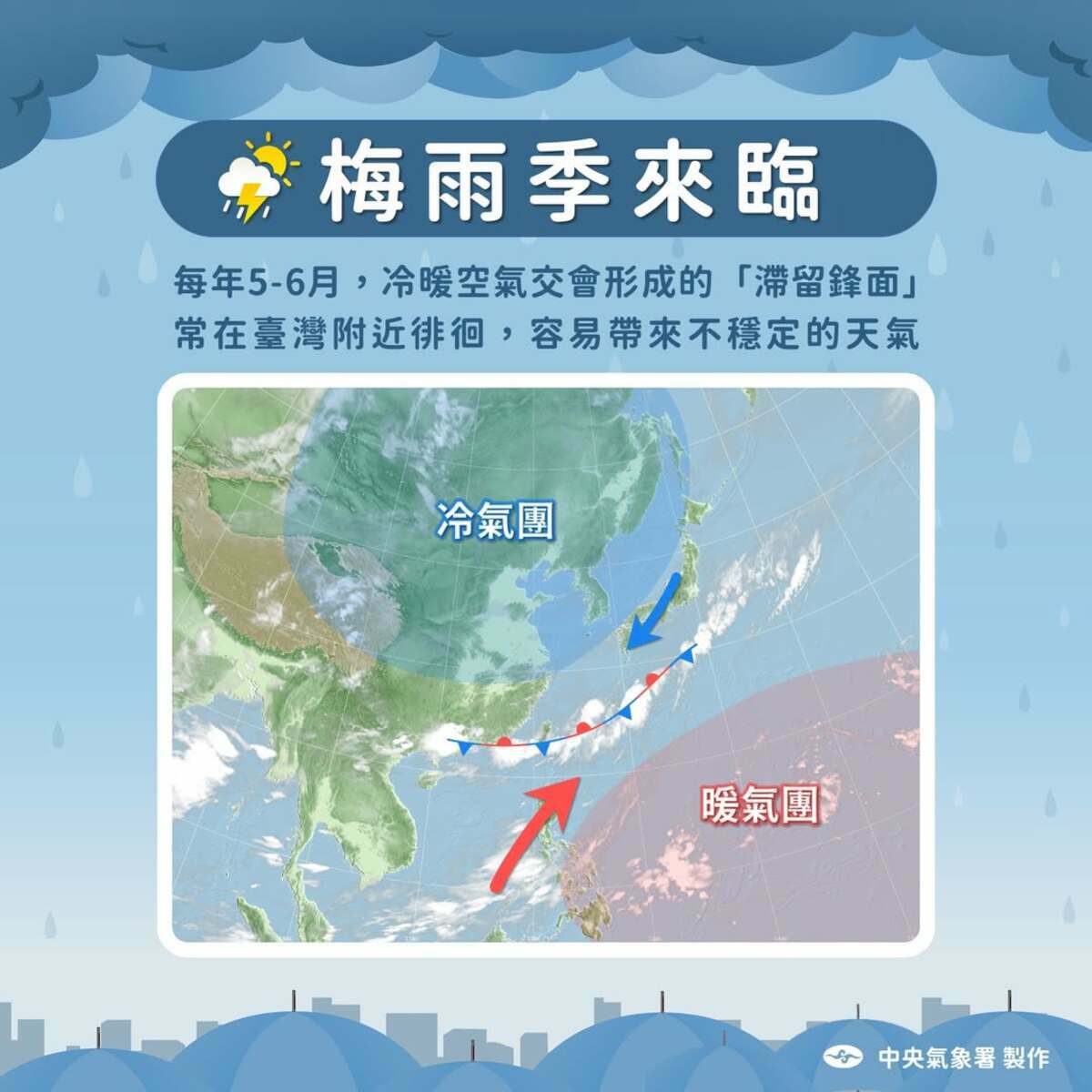 氣象署說，梅雨季此時期冷暖氣團在台灣附近交會，形成「滯留鋒」，會為台灣帶來連日不穩定的天氣。 圖：翻攝自中央氣象署臉書