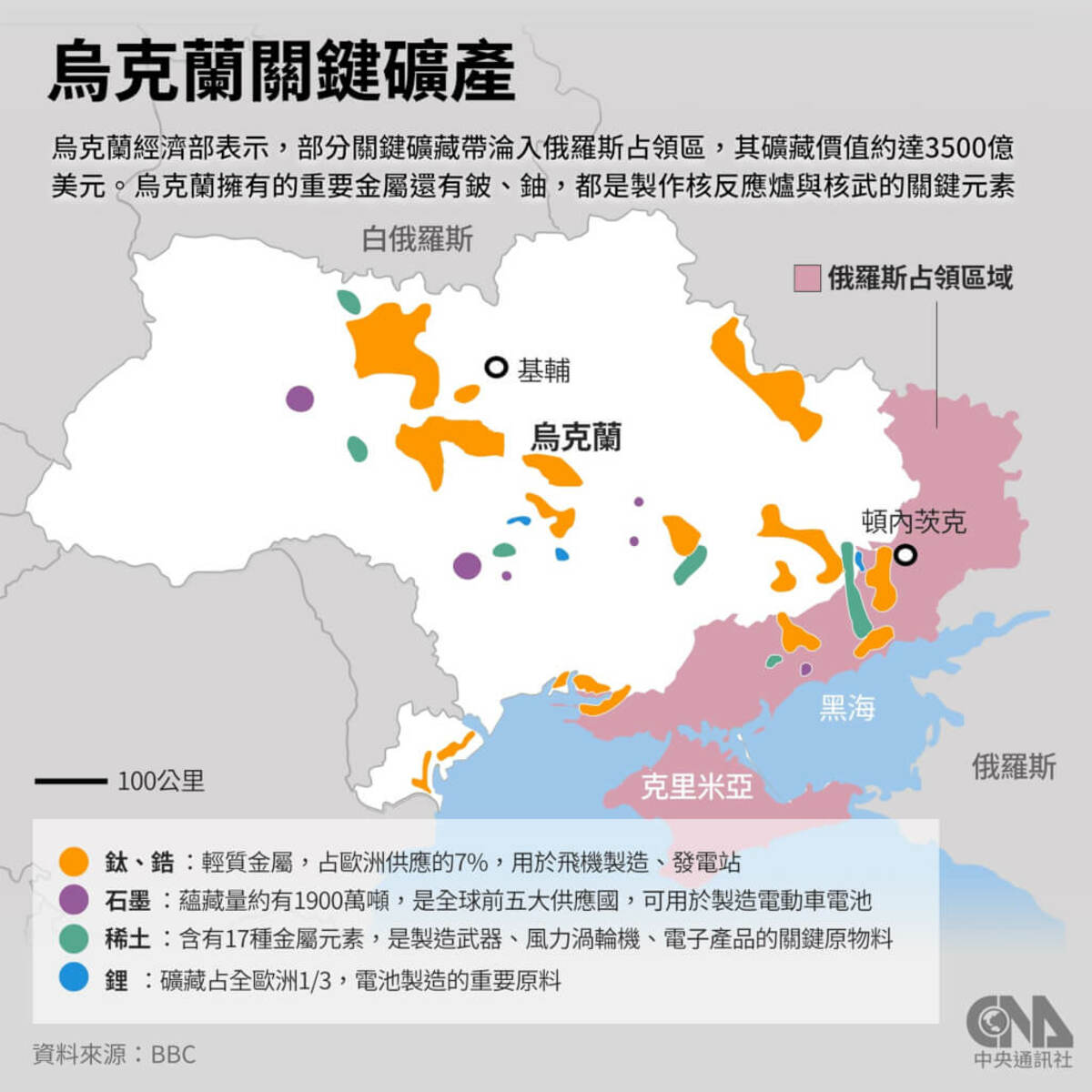 烏克蘭關鍵礦產分布區域。（中央社製圖）