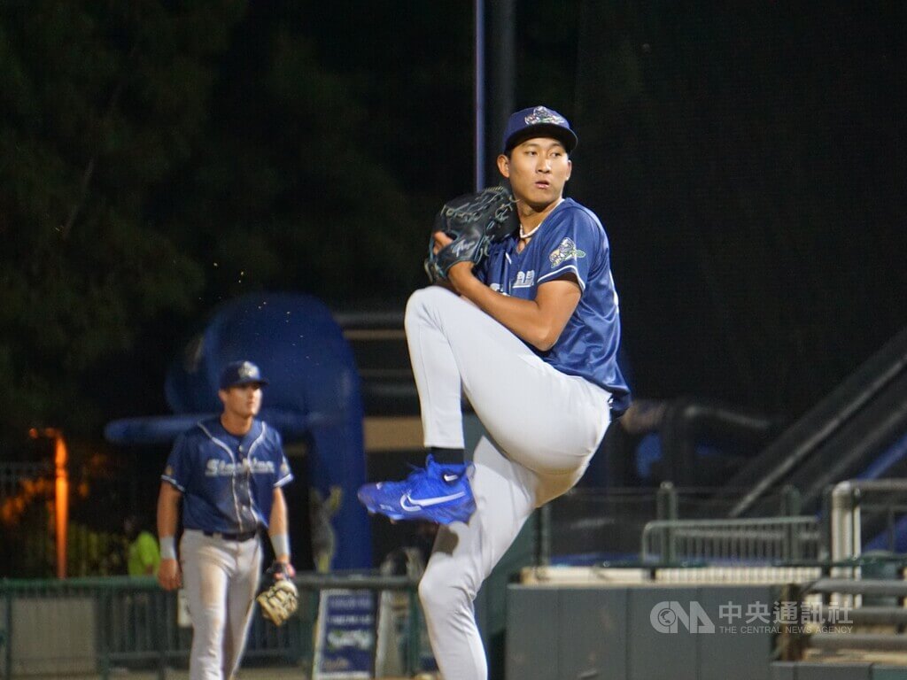 美國職棒運動家小聯盟1A台灣投手沙子宸（圖）出戰道奇1A地震隊，投3.2局失1分，送出3次三振。中央社記者林宏翰洛杉磯攝  114年5月1日
