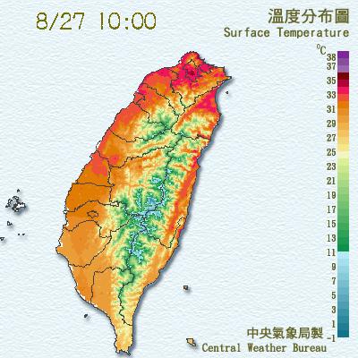 目前大台北地區高溫已達36度，基隆高溫也上看36度，並有37度左右高溫出現的機率，請注意防曬、多補充水分並預防中暑。 圖：中央氣象局