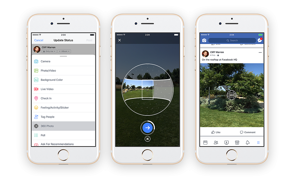 熱門社群網站「Facebook」推出全球性的更新，讓用戶不用買攝影鏡頭，也能夠直接使用臉書內建的功能來拍攝360度的全景照片！ 圖：翻攝自 臉書 官方部落格